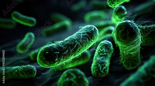 Detailed microscopic image of green bacteria, highlighting unique shapes and textures, illustrating the significance of health and disease prevention in modern medicine