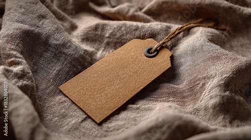 Rustic Brown Tag on a Folded Linen Background in Soft Natural Light