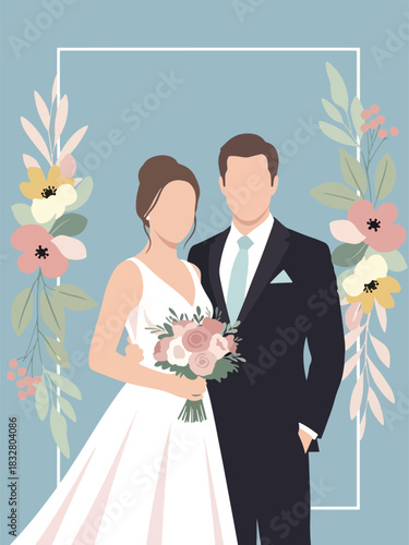 Modern flat wedding couple portrait framed with floral decoration, ideal for invitations, posters, save-the-date designs, and romantic visual branding