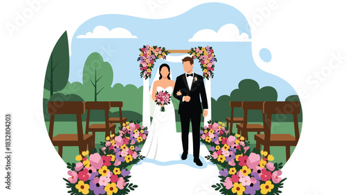 Modern flat illustration of an outdoor garden wedding with couple walking the aisle, ideal for nature-inspired romance themes and event branding