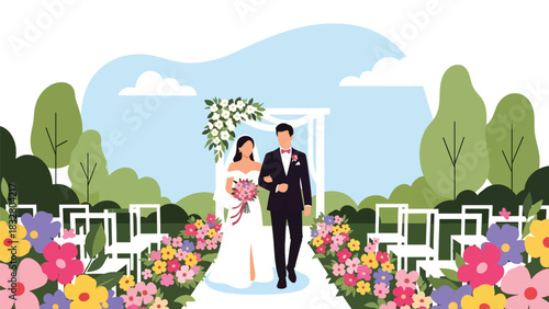 Modern flat illustration of an outdoor garden wedding with couple walking the aisle, ideal for nature-inspired romance themes and event branding