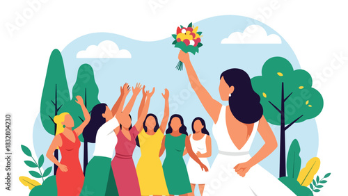 Flat vector illustration of a bride playfully tossing her bouquet while bridesmaids reach for it, perfect for celebration graphics and romantic storytelling