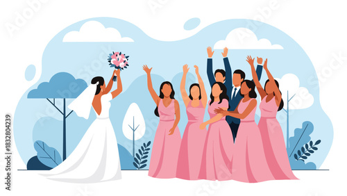 Flat vector illustration of a bride playfully tossing her bouquet while bridesmaids reach for it, perfect for celebration graphics and romantic storytelling