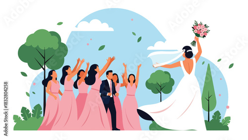 Flat vector illustration of a bride playfully tossing her bouquet while bridesmaids reach for it, perfect for celebration graphics and romantic storytelling