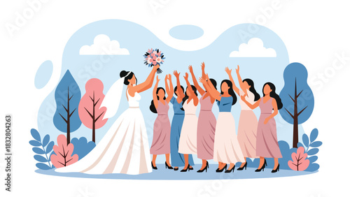 Flat vector illustration of a bride playfully tossing her bouquet while bridesmaids reach for it, perfect for celebration graphics and romantic storytelling