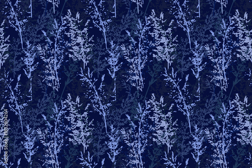 Seamless vector pattern with dense abstract botanical stems in layered cool blue tones on a deep navy background, creating an elegant, moody and nature inspired decorative design