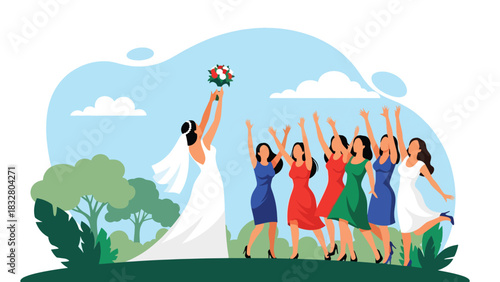 Flat vector illustration of a bride playfully tossing her bouquet while bridesmaids reach for it, perfect for celebration graphics and romantic storytelling
