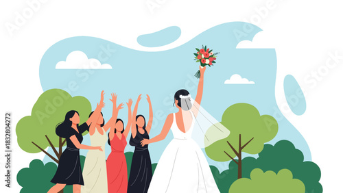 Flat vector illustration of a bride playfully tossing her bouquet while bridesmaids reach for it, perfect for celebration graphics and romantic storytelling