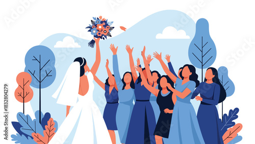 Flat vector illustration of a bride playfully tossing her bouquet while bridesmaids reach for it, perfect for celebration graphics and romantic storytelling