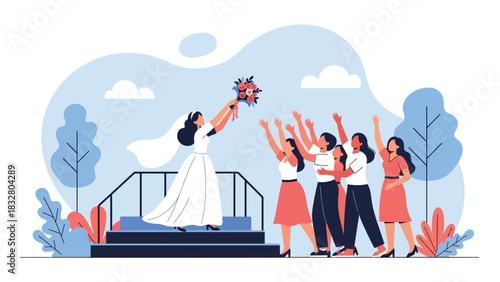 Flat vector illustration of a bride playfully tossing her bouquet while bridesmaids reach for it, perfect for celebration graphics and romantic storytelling