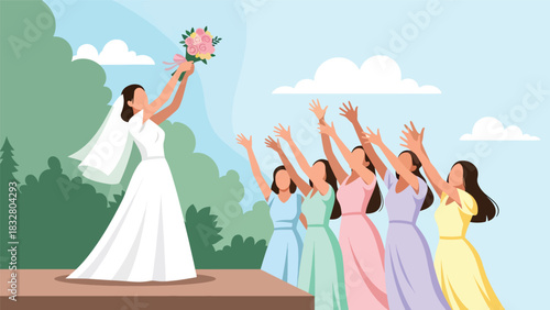 Flat vector illustration of a bride playfully tossing her bouquet while bridesmaids reach for it, perfect for celebration graphics and romantic storytelling