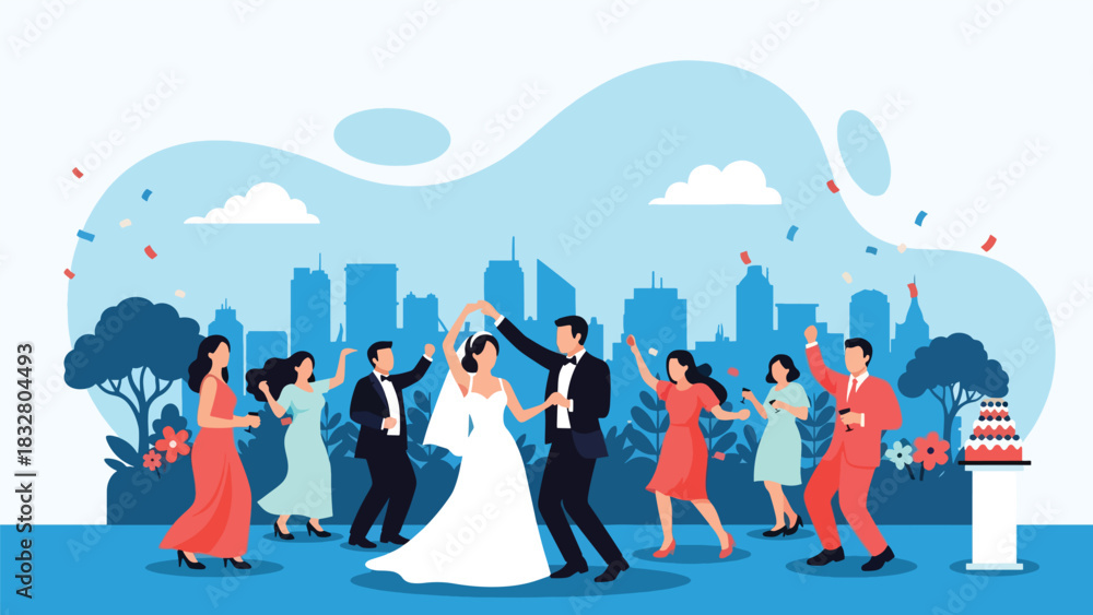 Obraz premium Flat vector scene of bride, groom, and guests dancing at reception under lights and decor, perfect for celebration storytelling illustrations