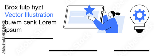 Education, innovation, digital technology, creativity, online learning, problem-solving. A person pointing at a star on a tablet and a lightbulb with a gear symbol. Innovation and digital technology