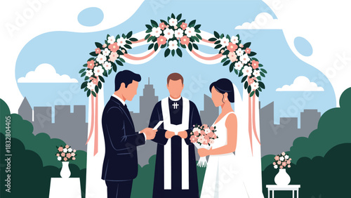 Modern flat illustration of bride and groom exchanging written vows with loving expressions, ideal for romance storytelling and wedding materials