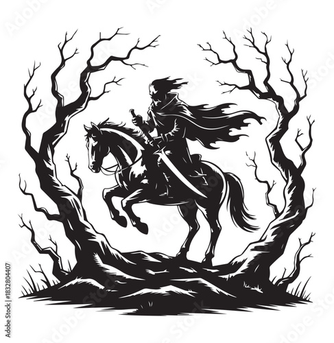 Dark Horseman Black Silhouette Clip art, Gothic Rider in Haunted Forest Vector Art.