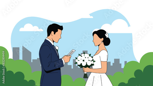 Modern flat illustration of bride and groom exchanging written vows with loving expressions, ideal for romance storytelling and wedding materials