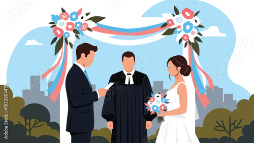 Modern flat illustration of bride and groom exchanging written vows with loving expressions, ideal for romance storytelling and wedding materials