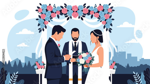Modern flat illustration of bride and groom exchanging written vows with loving expressions, ideal for romance storytelling and wedding materials