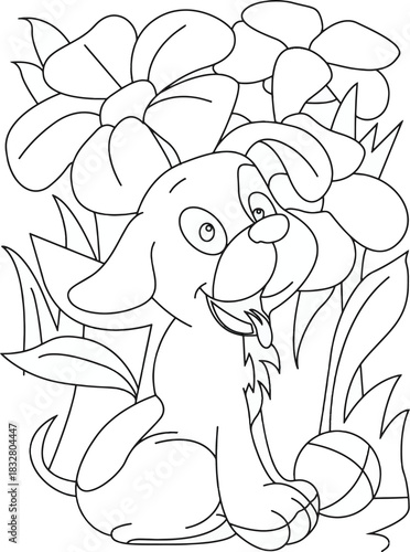 Happy Puppy with Flowers and Ball Line Art for Coloring