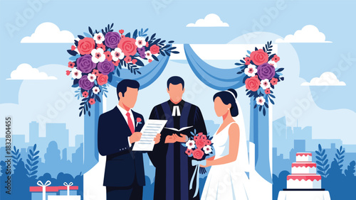 Modern flat illustration of bride and groom exchanging written vows with loving expressions, ideal for romance storytelling and wedding materials