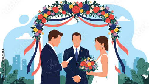 Modern flat illustration of bride and groom exchanging written vows with loving expressions, ideal for romance storytelling and wedding materials