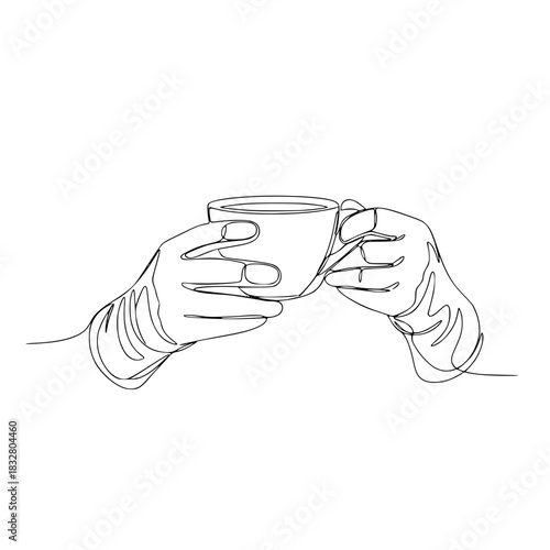 Minimalist line art of gloved hands holding a teacup