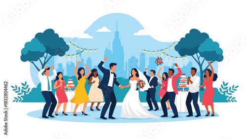 Flat vector scene of bride, groom, and guests dancing at reception under lights and decor, perfect for celebration storytelling illustrations