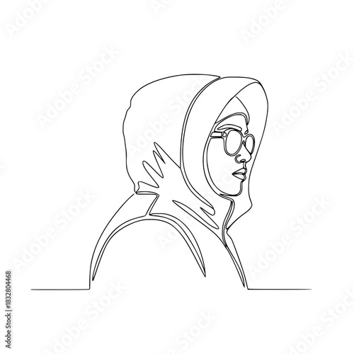 Muslim man in hoodie with glasses depicted in line art style  