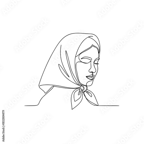 Minimalist line art portrait of a serene village woman wearing a headscarf, with closed eyes,