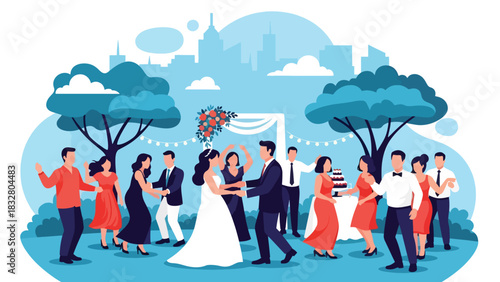 Flat vector scene of bride, groom, and guests dancing at reception under lights and decor, perfect for celebration storytelling illustrations