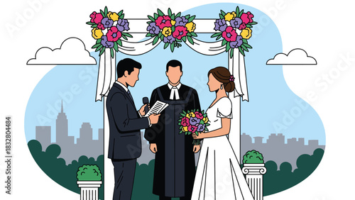 Modern flat illustration of bride and groom exchanging written vows with loving expressions, ideal for romance storytelling and wedding materials