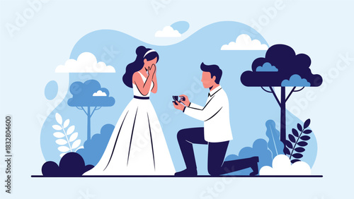 Flat vector romantic scene of proposal with groom kneeling and bride reacting with joy, perfect for wedding storytelling and relationship visuals