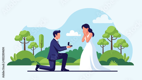 Flat vector romantic scene of proposal with groom kneeling and bride reacting with joy, perfect for wedding storytelling and relationship visuals