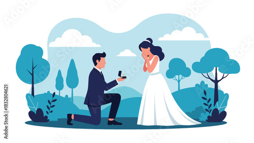 Flat vector romantic scene of proposal with groom kneeling and bride reacting with joy, perfect for wedding storytelling and relationship visuals