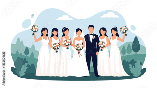 Flat vector illustration of bride posing with bridesmaids holding matching bouquets, ideal for celebration visuals, invitations, and wedding branding