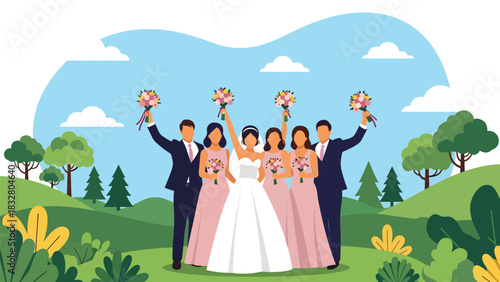 Flat vector illustration of bride posing with bridesmaids holding matching bouquets, ideal for celebration visuals, invitations, and wedding branding