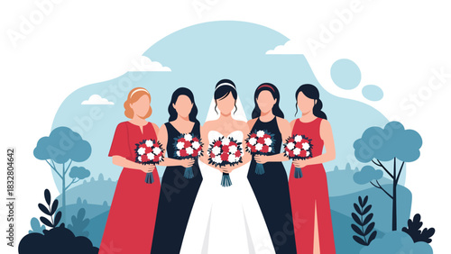 Flat vector illustration of bride posing with bridesmaids holding matching bouquets, ideal for celebration visuals, invitations, and wedding branding