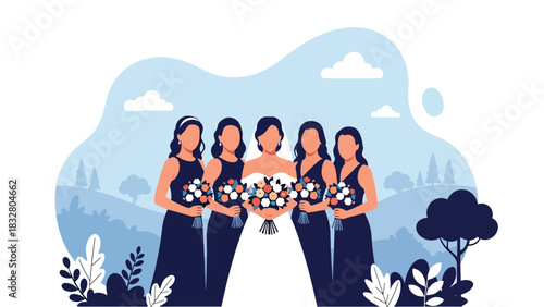 Flat vector illustration of bride posing with bridesmaids holding matching bouquets, ideal for celebration visuals, invitations, and wedding branding