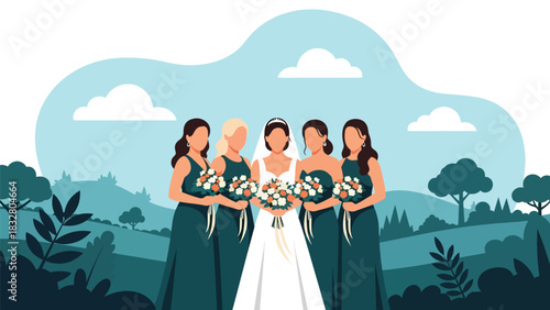 Flat vector illustration of bride posing with bridesmaids holding matching bouquets, ideal for celebration visuals, invitations, and wedding branding