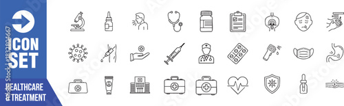 Comprehensive healthcare icon set for modern medical designs, promoting wellness and treatment, ideal for website, app, and presentation design, scalable vector graphics
