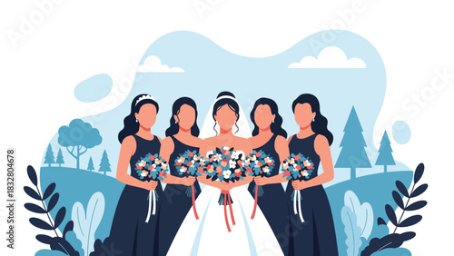 Flat vector illustration of bride posing with bridesmaids holding matching bouquets, ideal for celebration visuals, invitations, and wedding branding