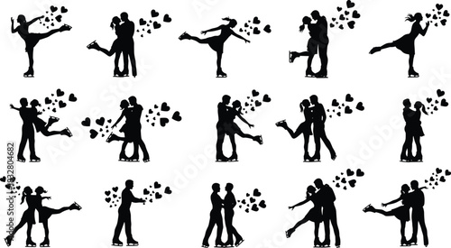 Charming ice skating couples silhouettes dancing with love hearts, perfect for Valentine's Day designs and romantic event promotions