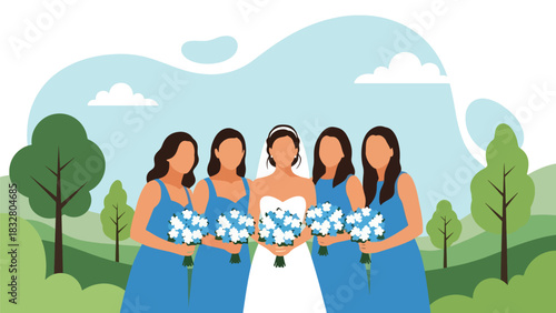 Flat vector illustration of bride posing with bridesmaids holding matching bouquets, ideal for celebration visuals, invitations, and wedding branding