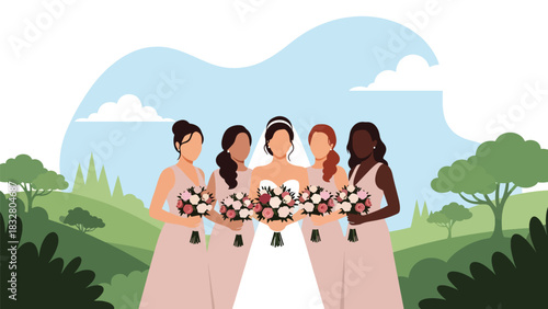 Flat vector illustration of bride posing with bridesmaids holding matching bouquets, ideal for celebration visuals, invitations, and wedding branding