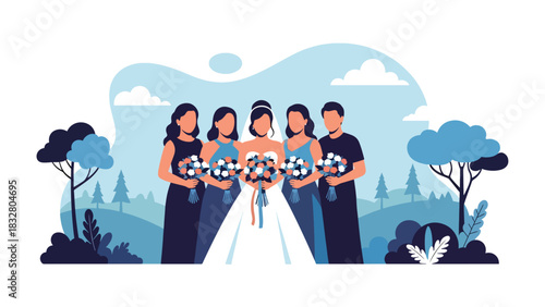 Flat vector illustration of bride posing with bridesmaids holding matching bouquets, ideal for celebration visuals, invitations, and wedding branding