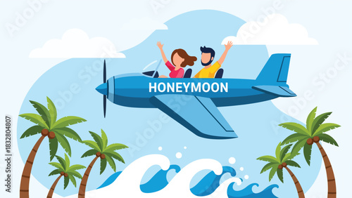 Flat vector wedding illustration of couple leaving for honeymoon by plane, ideal for romantic storytelling, travel, and celebration themes