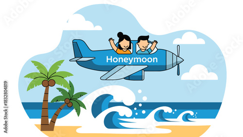 Flat vector wedding illustration of couple leaving for honeymoon by plane, ideal for romantic storytelling, travel, and celebration themes