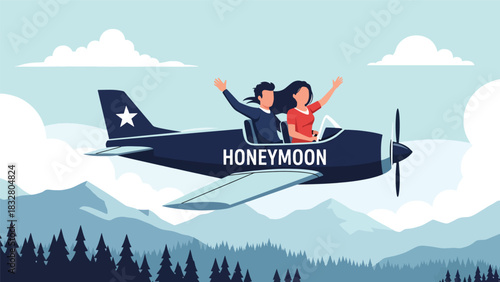 Flat vector wedding illustration of couple leaving for honeymoon by plane, ideal for romantic storytelling, travel, and celebration themes