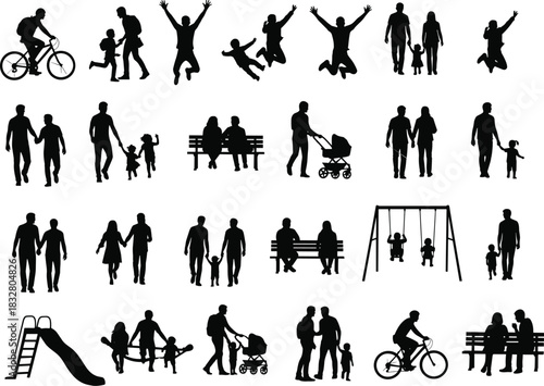 Family silhouettes enjoying outdoor activities together, showcasing togetherness, love, and happy moments in scalable vector format