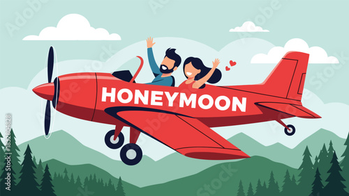 Flat vector wedding illustration of couple leaving for honeymoon by plane, ideal for romantic storytelling, travel, and celebration themes